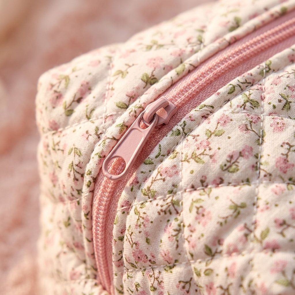 Close-up of Pouchéa quilted fabric and top zipper